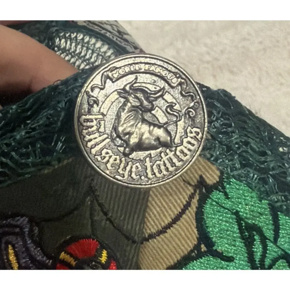 Bullseye Brand Camo Skull Roses Born Lucky Embroidered Hat Rhinestone Biker Y2K